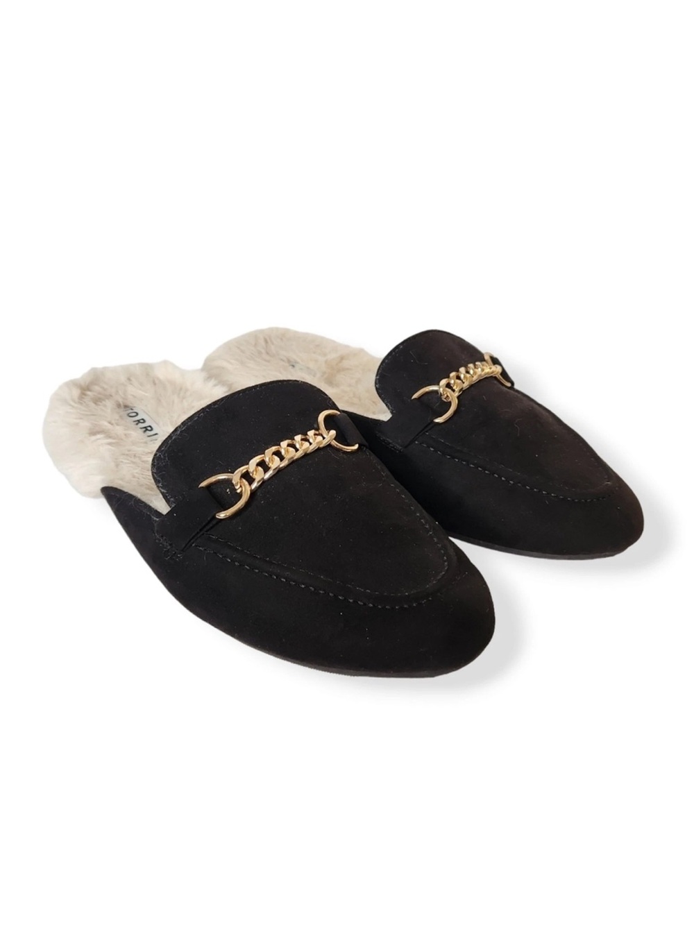 Torrid Slip On Black Suede Chain-Accent Faux Fur Lined Mules - Size 10WW